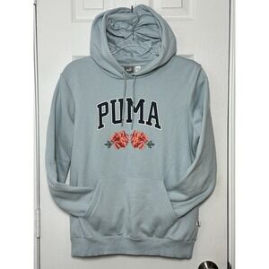 PUMA Faux‎ Embroidered Floral Hoodie Fleece Pullover Blue Women's Size Large